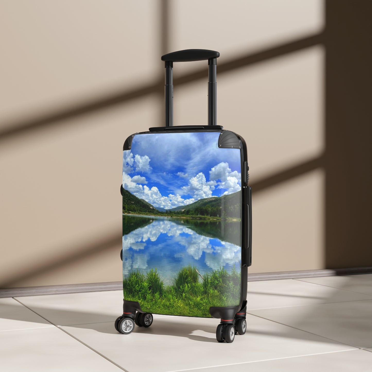 Instant Connection, Scenic Lake Reflection Suitcase – Travel Carry-On with Nature Photo Print