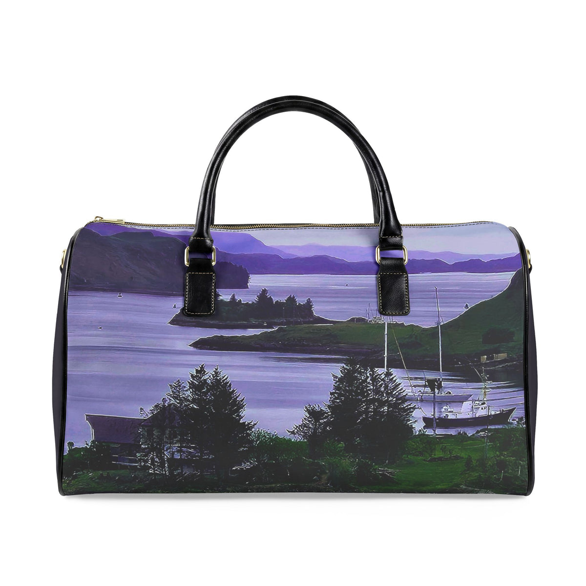 Scenic Harbor Faux Leather Travel Bag — Purple Coastal Landscape Duffel