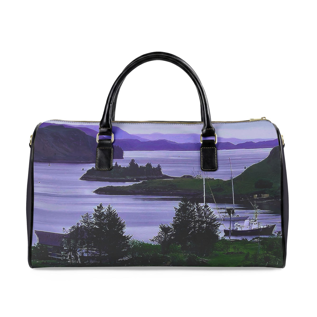 Scenic Harbor Faux Leather Travel Bag — Purple Coastal Landscape Duffel