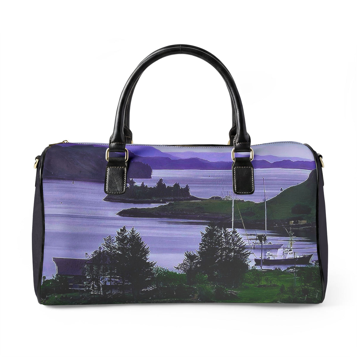 Scenic Harbor Faux Leather Travel Bag — Purple Coastal Landscape Duffel