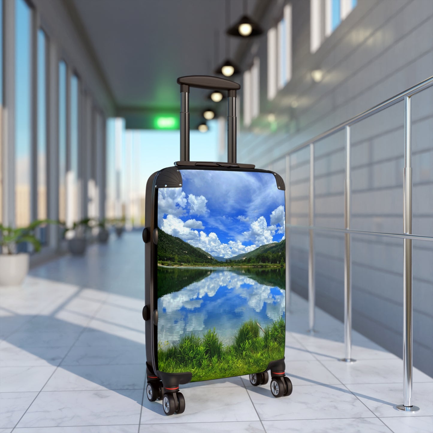 Instant Connection, Scenic Lake Reflection Suitcase – Travel Carry-On with Nature Photo Print