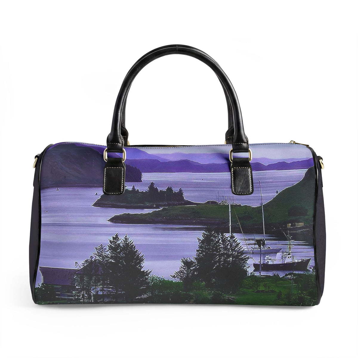 Scenic Harbor Faux Leather Travel Bag — Purple Coastal Landscape Duffel